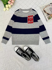 Boys Casual Striped Sweater Round Neck Long Sleeve Warm Knit Pullover Top