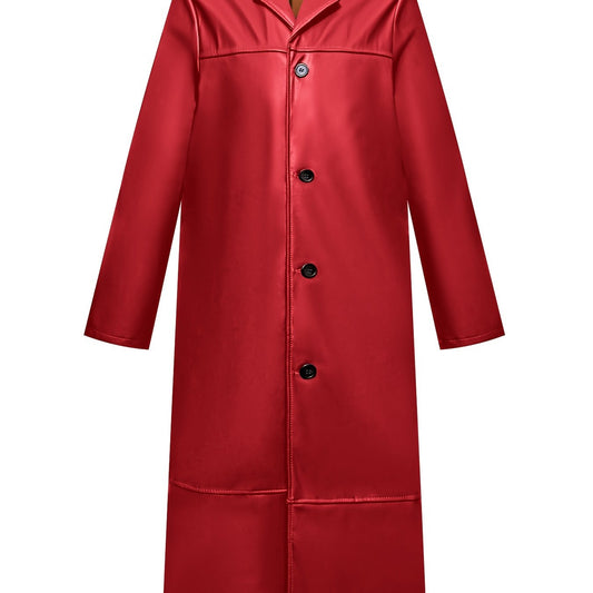 Men's Pu Overcoat Casual Lapel Stretch Button Up Faux Leather Long Coat