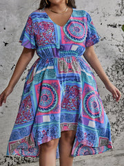 Colorblock Scarf Print V-Neck Stretch Dress