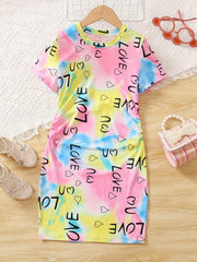 Girls Rainbow Tie Dye & Letter Graphic Short Sleeve Dress For Going Out Party
