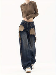 Dark Patchwork Straight Jeans Retro & Street Style Wide Legs Jeans