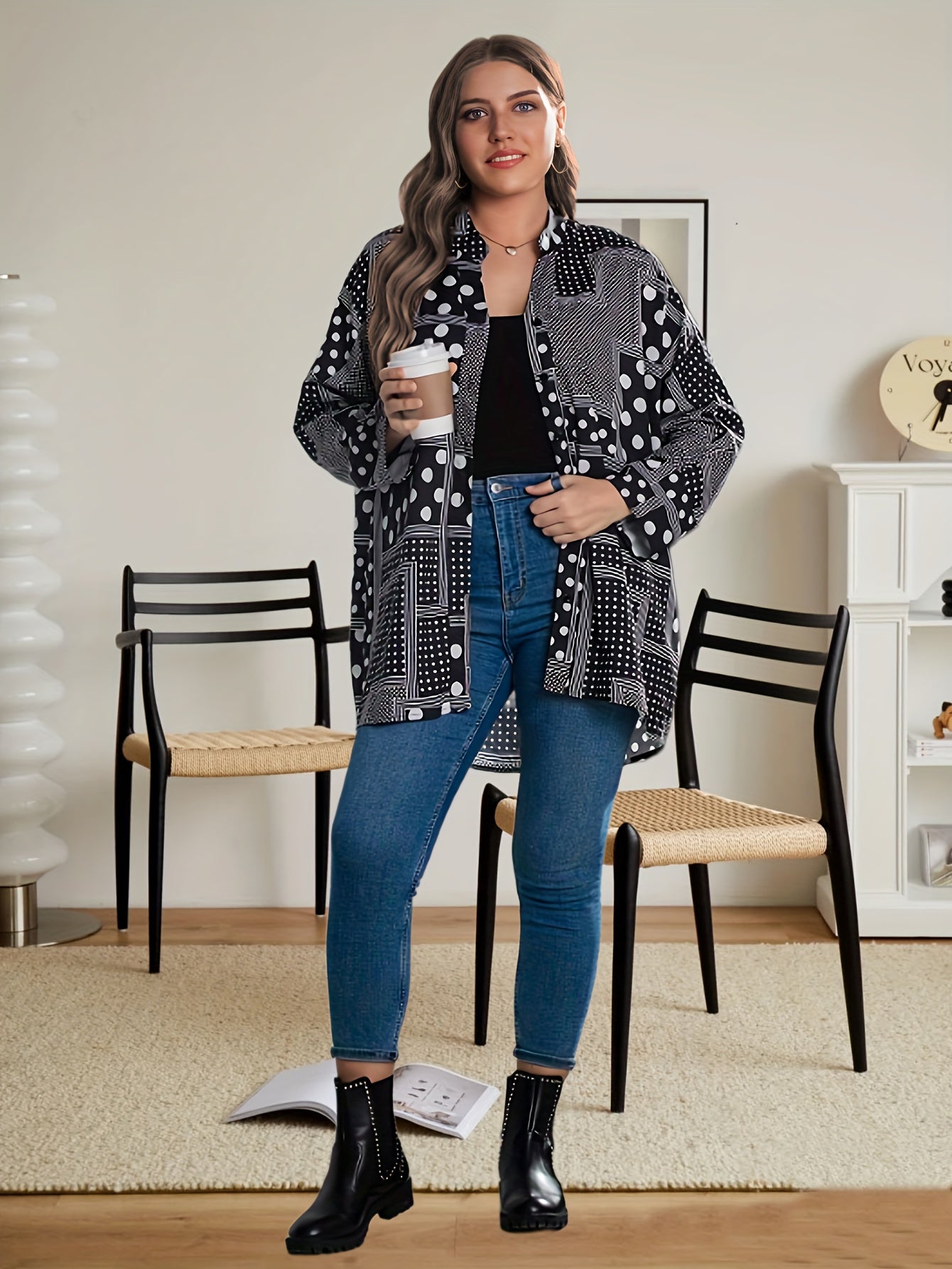 Casual Blouse Women's Plus Patchwork Print Long Sleeve Notched Neck