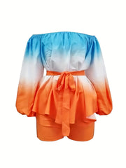 Tie Dye Matching Two piece Set Sexy Off Shoulder Tie Waist Top & Shorts Outfits