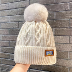 Women's Winter Padded Hat Warm Wool Cap Woolen Pom Pom Knitted Hat