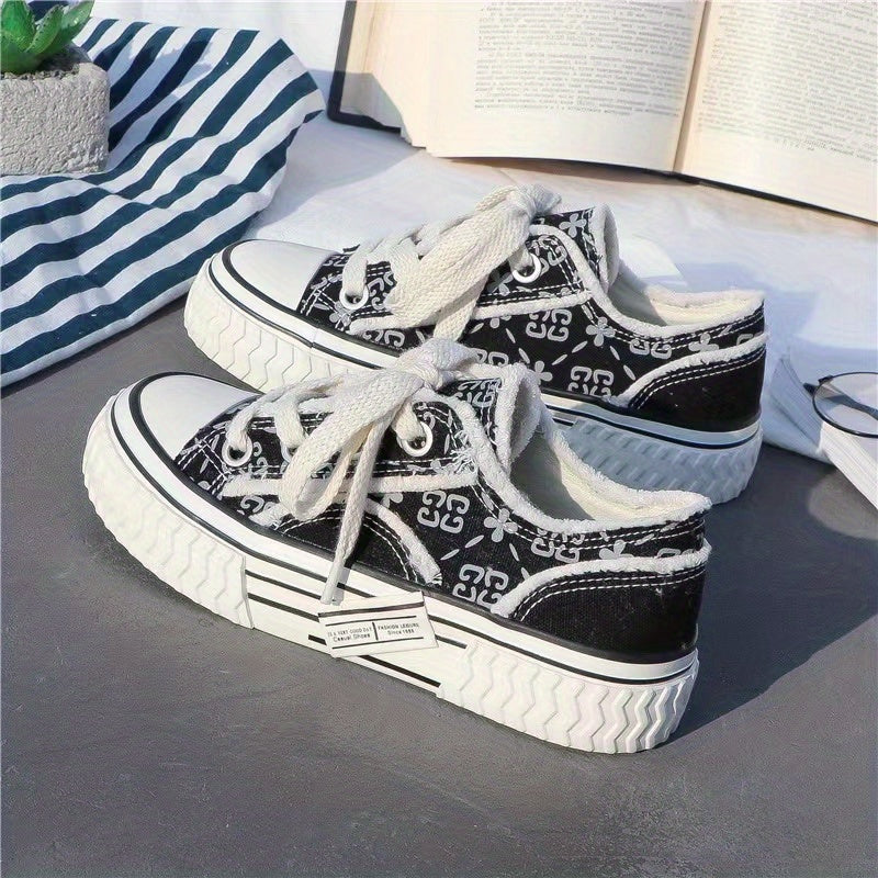 Women's Platform Canvas Print Lace Up Low Top Shoes