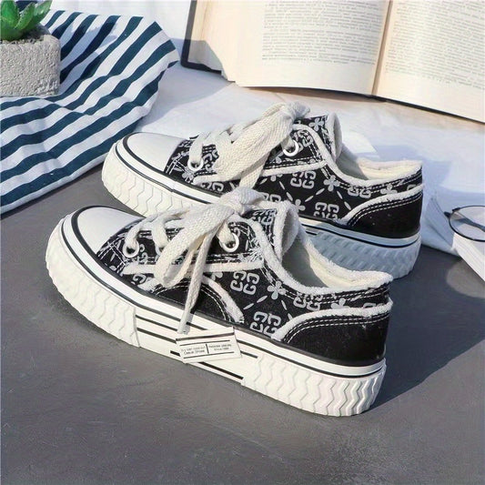 Women's Platform Canvas Print Lace Up Low Top Shoes