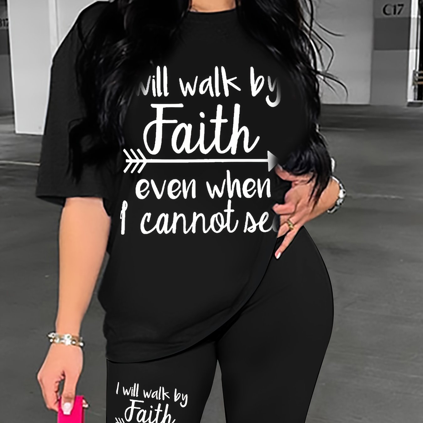 Faith Letter Print Two piece Set Crew Neck Half Sleeve Casual T shirt & Workout