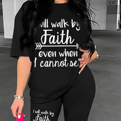 Faith Letter Print Two piece Set Crew Neck Half Sleeve Casual T shirt & Workout