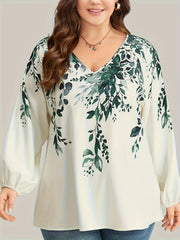 Floral Print Lantern Sleeve V Neck Blouse