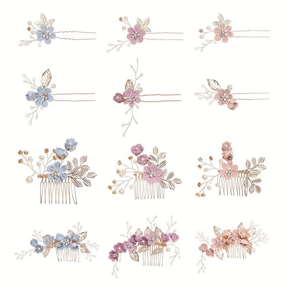4pcs Flower Hairpin Faux Pearl Rhinestone U Shaped Hair Pin Hair Accessories