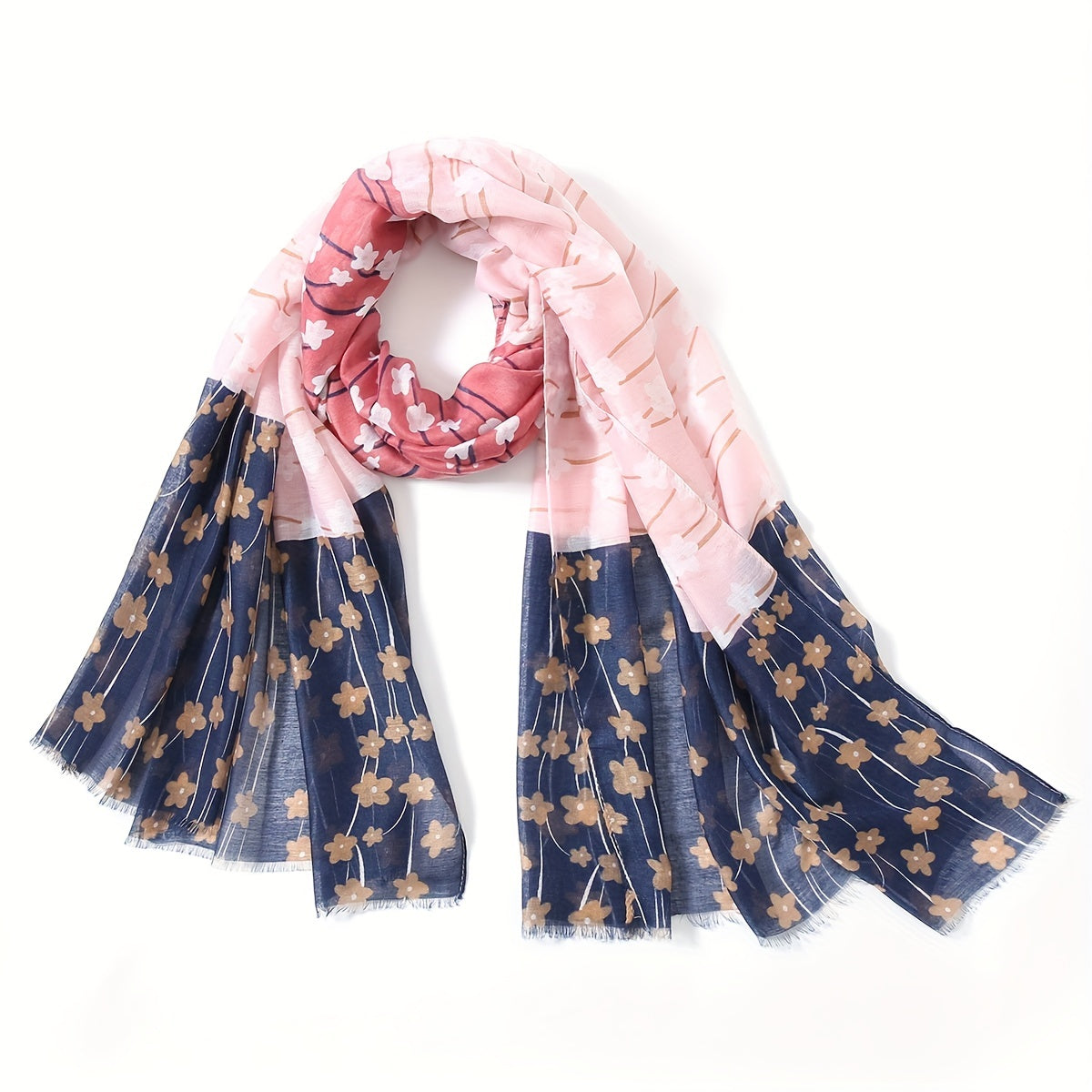 Flower Print Raw Edge Scarf Classic Block Shawl Casual Windproof Head Wrap