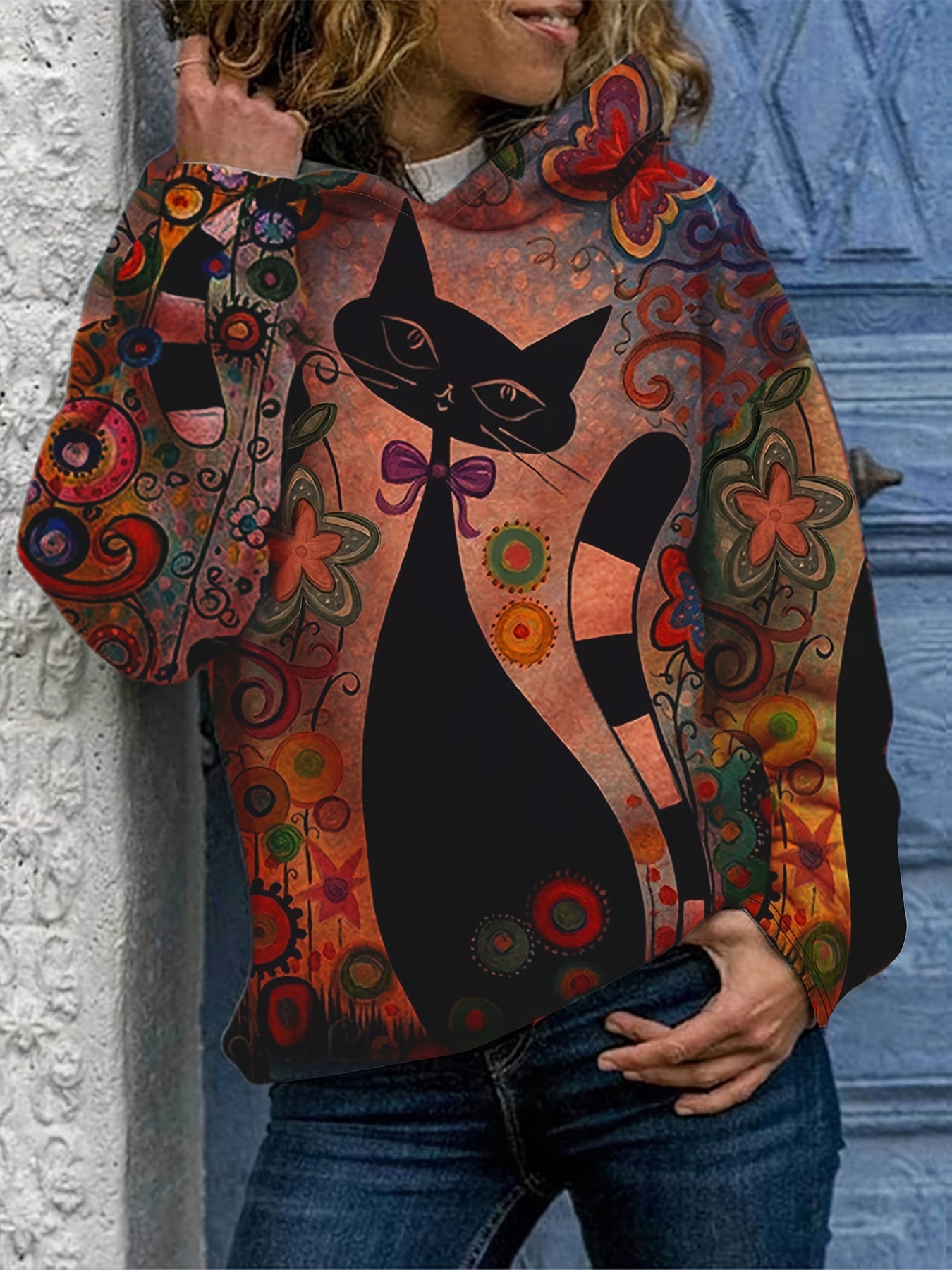 Cartoon Cat Print Hoodie Sweatshirt for Women