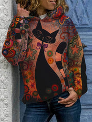 Cartoon Cat Print Hoodie Sweatshirt for Women