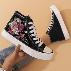 Women's High Top Canvas Walking Shoes Floral Pattern Lace Up