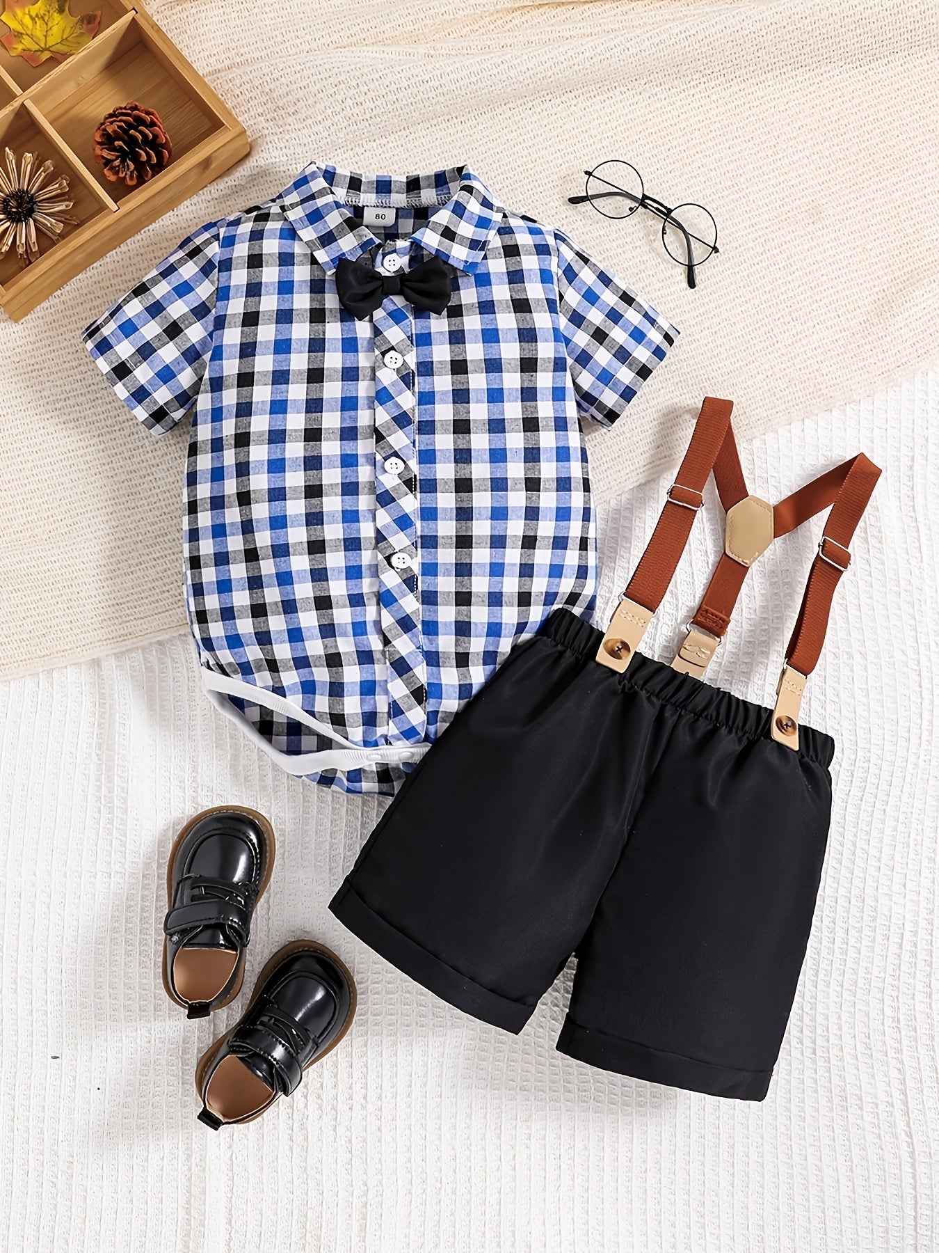 Plaid Outfit Baby Boys 2pc Bowtie Shirt & Suspender Shorts Set