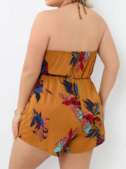 Boho Jumpsuit Women's Plus Leaf Print Tie Halter Neck Backless Romper