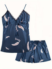 Sexy Pajamas Set Women's Plus Feather & Letter Print V Neck Satin Cami