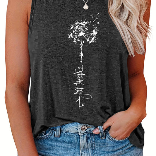 Casual Tank Top Women's Plus Letter & Dandelion Print Round Neck
