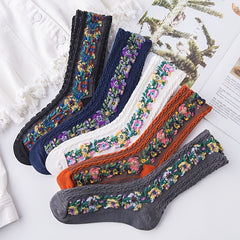 5 Pairs Ethnic Style Socks Floral Embroidery Mid Tube Women's Stockings