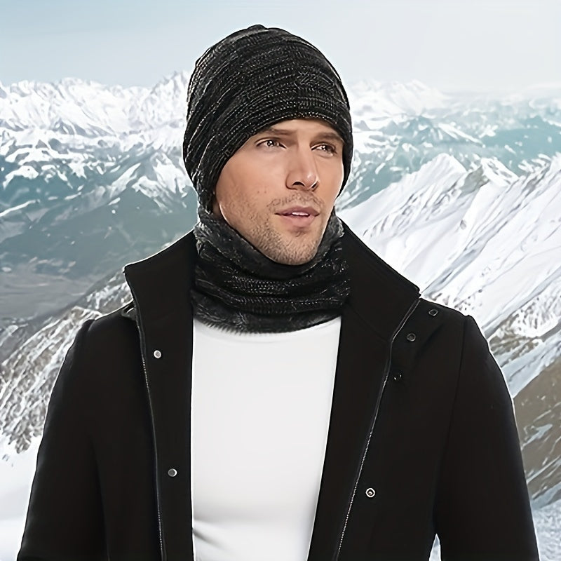 Mens Winter Beanie Hats Scarf Set Fleece Lined Warm Knitted & Scarf For Men