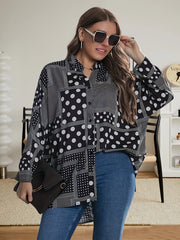 Casual Blouse Women's Plus Patchwork Print Long Sleeve Notched Neck
