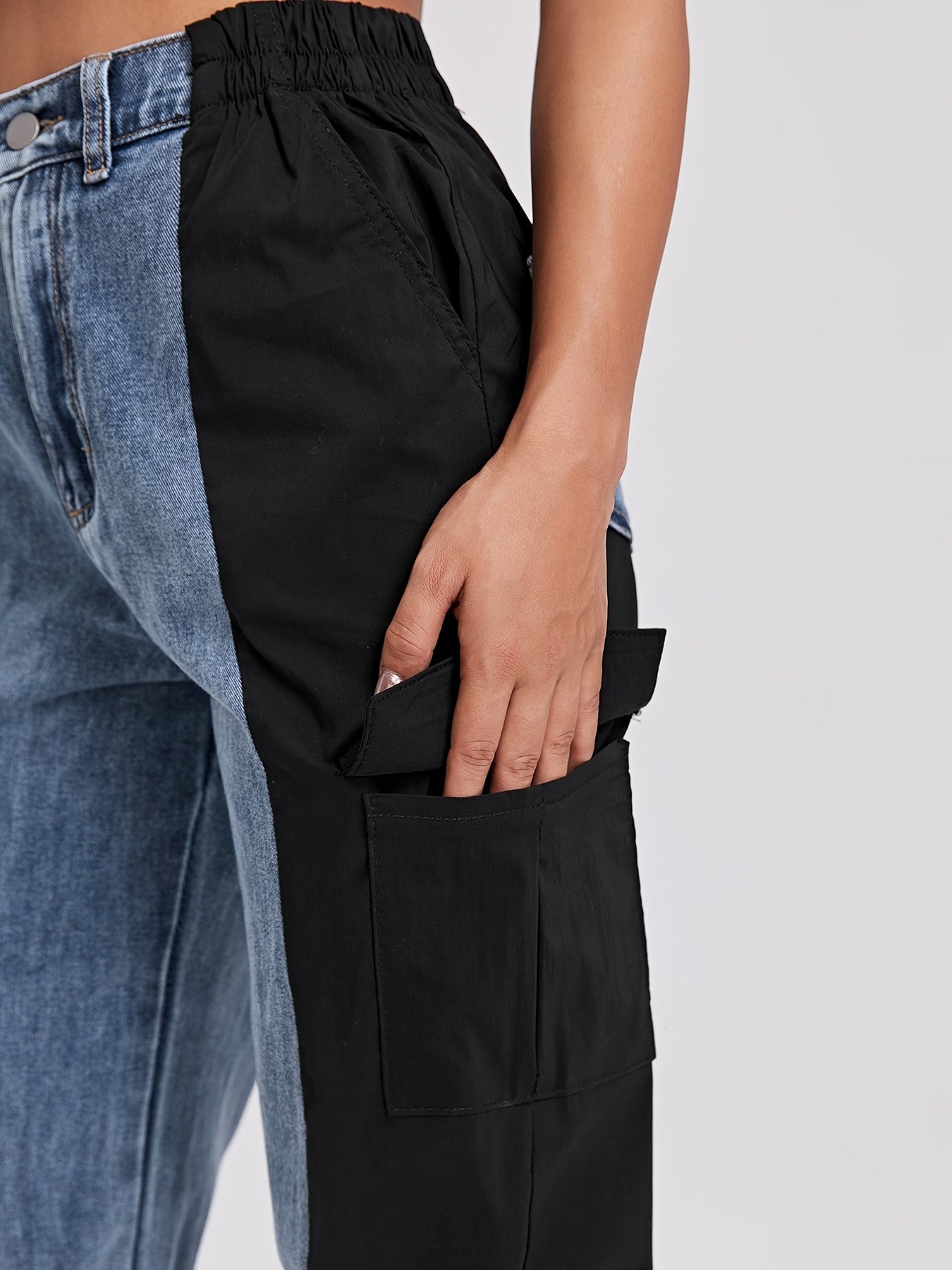 Colorblock High Waist Straight Jeans Flap Pockets Loose Fit