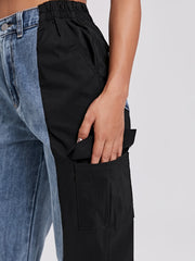 Colorblock High Waist Straight Jeans Flap Pockets Loose Fit
