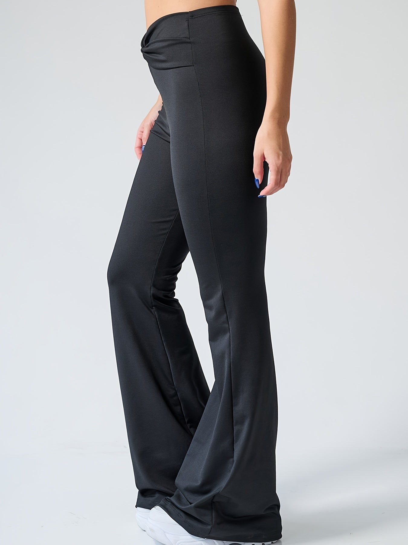 Ruched Waist Flare Leg Pants Solid Casual Workout Running Flared Leggings