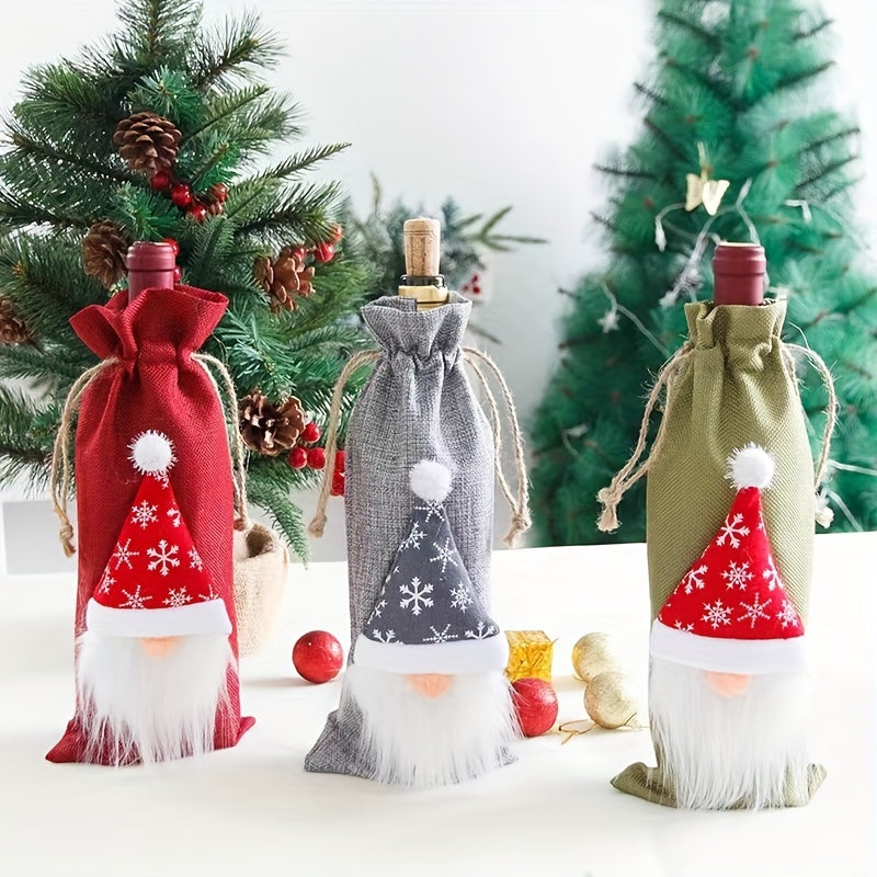 Christmas Linen Wine Bottle Bags Set - Old Man Faceless Doll Red Wine Clothing