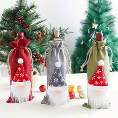 Christmas Linen Wine Bottle Bags Set - Old Man Faceless Doll Red Wine Clothing