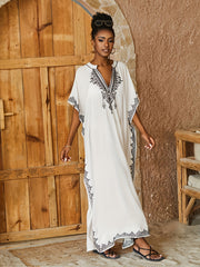 Floral Embroidered Batwing Sleeve Maxi Beach Cover Up Dress