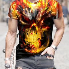 3D Burning Skull Print Men's Short Sleeve T-shirt Graphic Tee