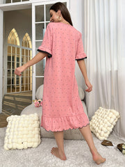 Polka Dot Ruffle NightDress Lace Trim Pajama Dress