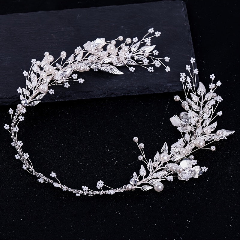 Bridal Silver Leaf Pearl Headband Tiara Wedding Hair Band