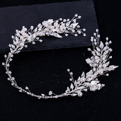 Bridal Silver Leaf Pearl Headband Tiara Wedding Hair Band