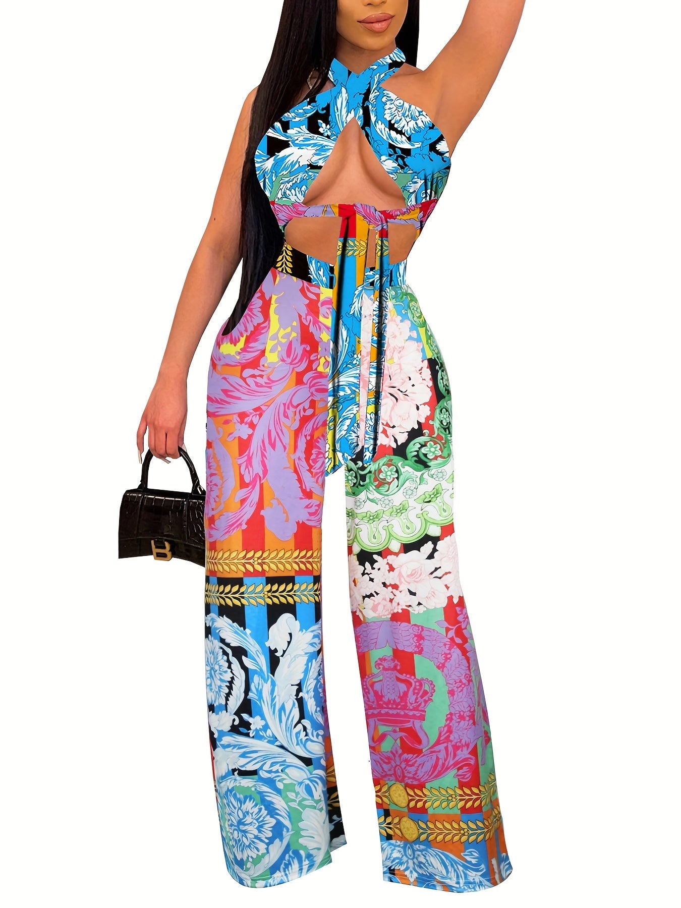 Block Graphic Print Set Sleeveless Crop Top & Wide Leg Pant