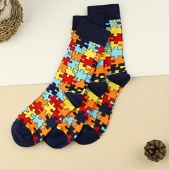 3 Pairs Puzzle Print Socks Comfy & Breathable Women's Mid Tube Stockings