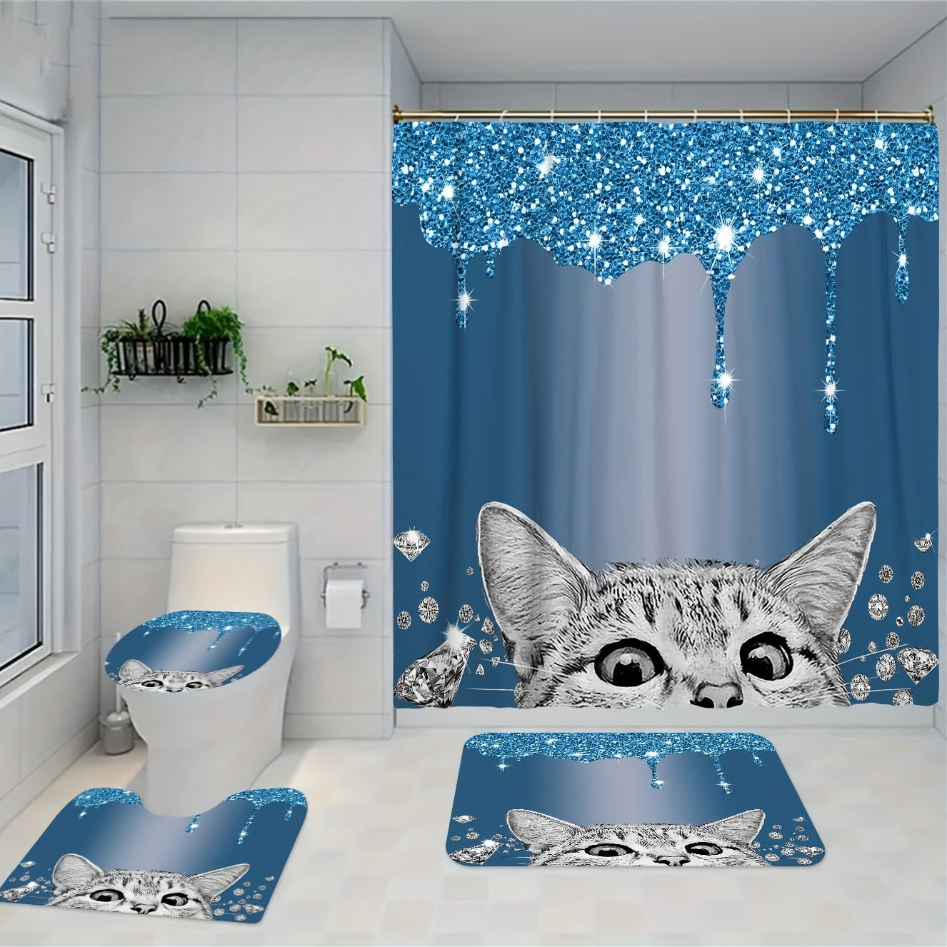 4pcs Cat Shower Curtain Set with Bathroom Decor