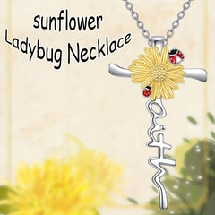 Sunflower Ladybug Decor Cross Pendant Necklace for Girls