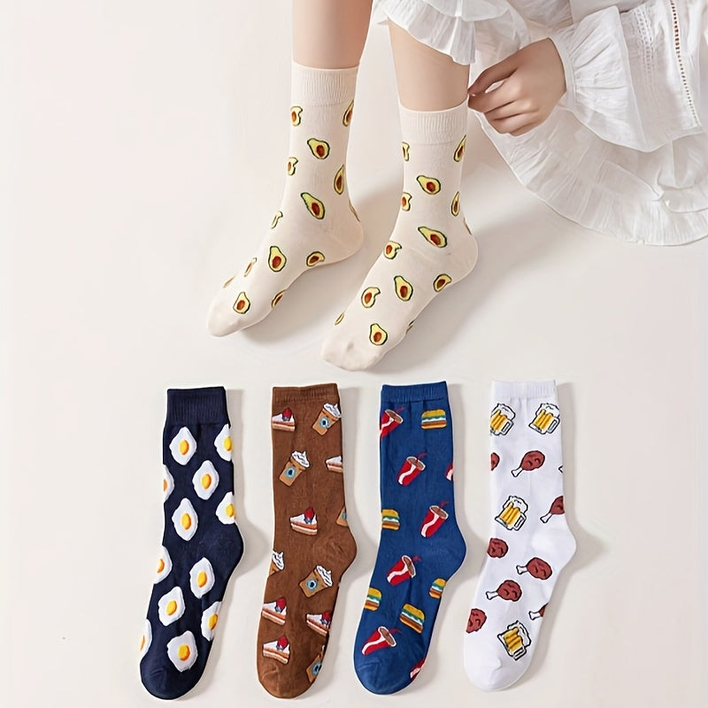 5 Pairs Plus Size Crew Socks Set Women's Plus Funny Cartoon Print