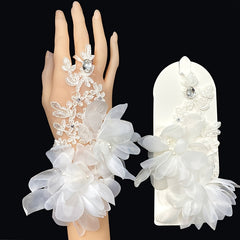 Bridal Lace Wedding Gloves with Floral Hollow Out and Jeweled Accents