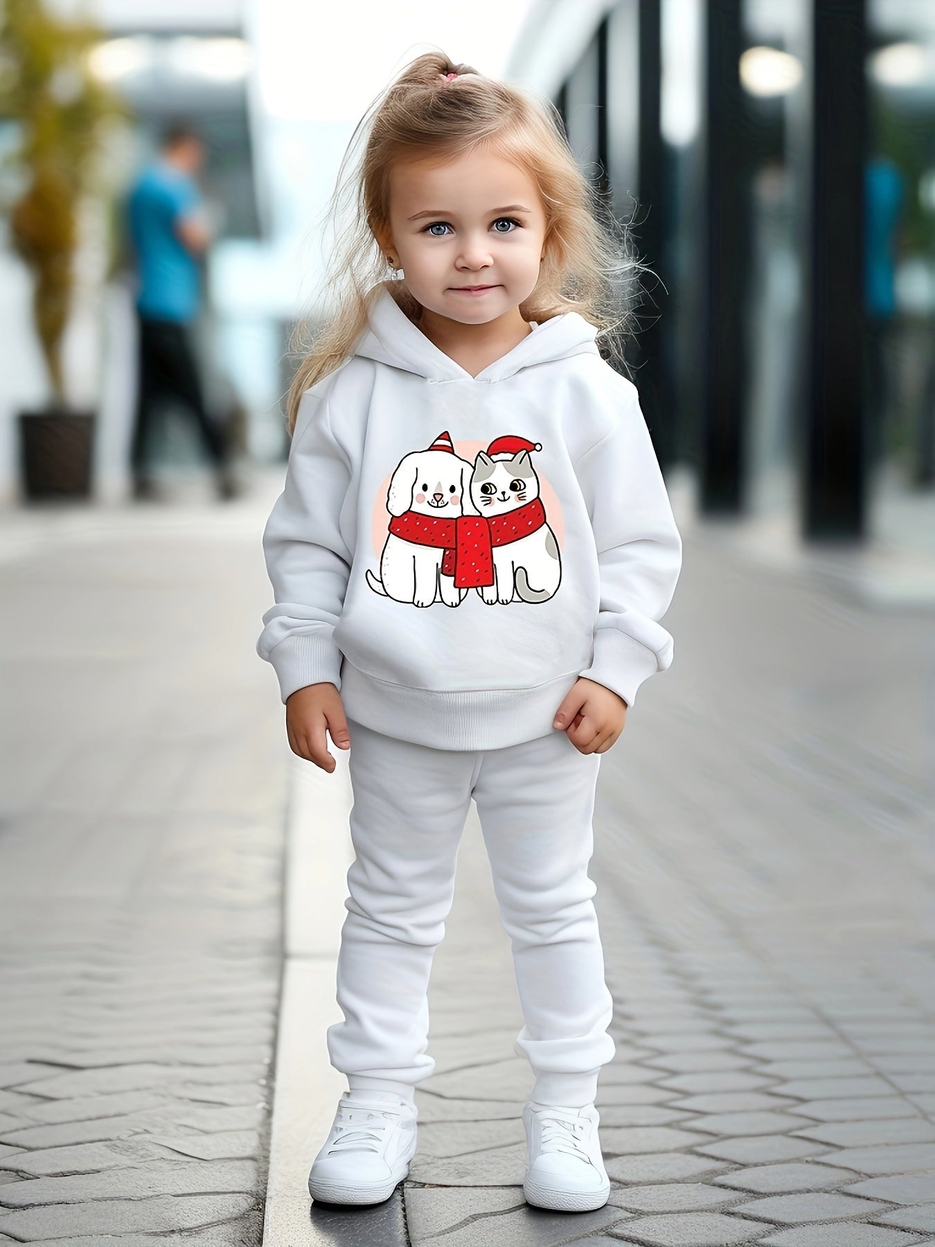 Lovely Puppy & Kitty Print Hoodies Jogger Set for Girls