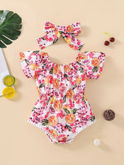 Baby Girls Fruit Graphic Flutter Sleeve Bodysuit With Furry Ball Decors