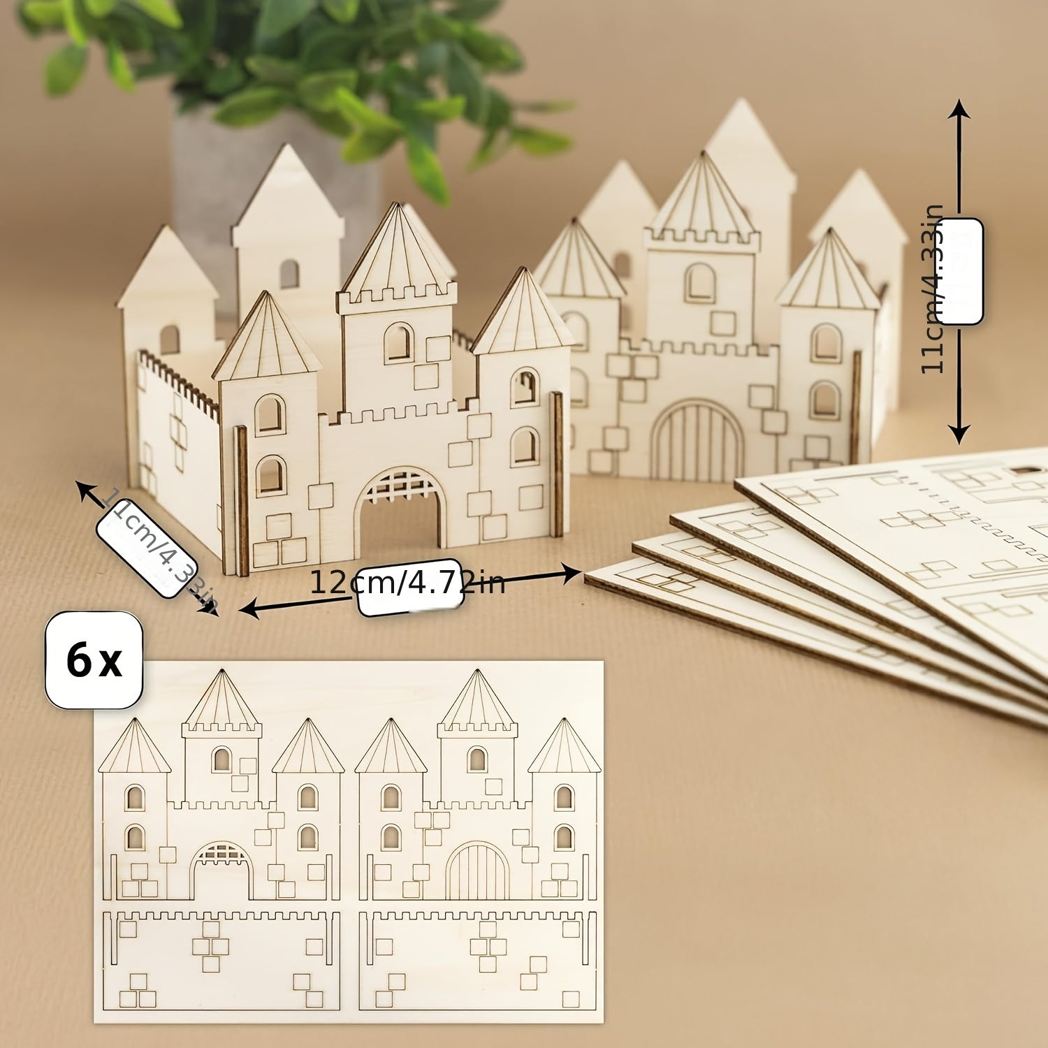 6pcs Wooden Castle Craft Kit DIY Unfinished Wooden Castle House Building