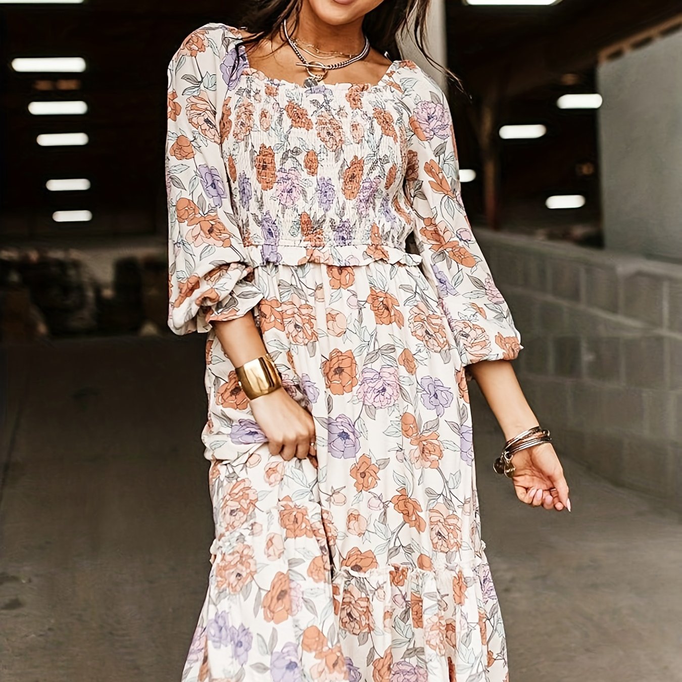 Women's Plus Floral Lantern Sleeve Square Neck Dress
