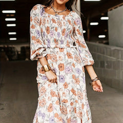 Women's Plus Floral Lantern Sleeve Square Neck Dress