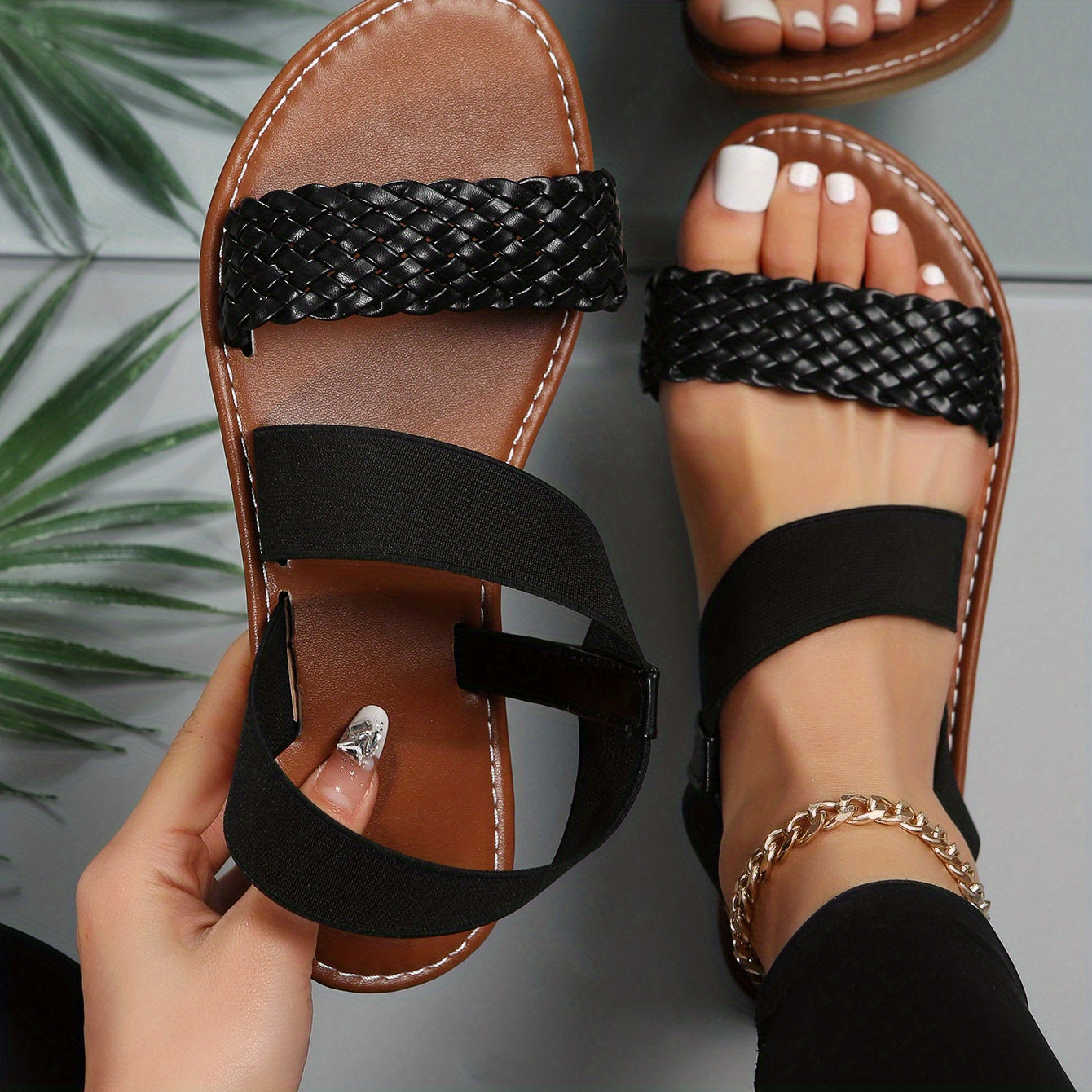 Women's Braided Strap Flat Sandals Open Toe Elastic Slip On Shoes