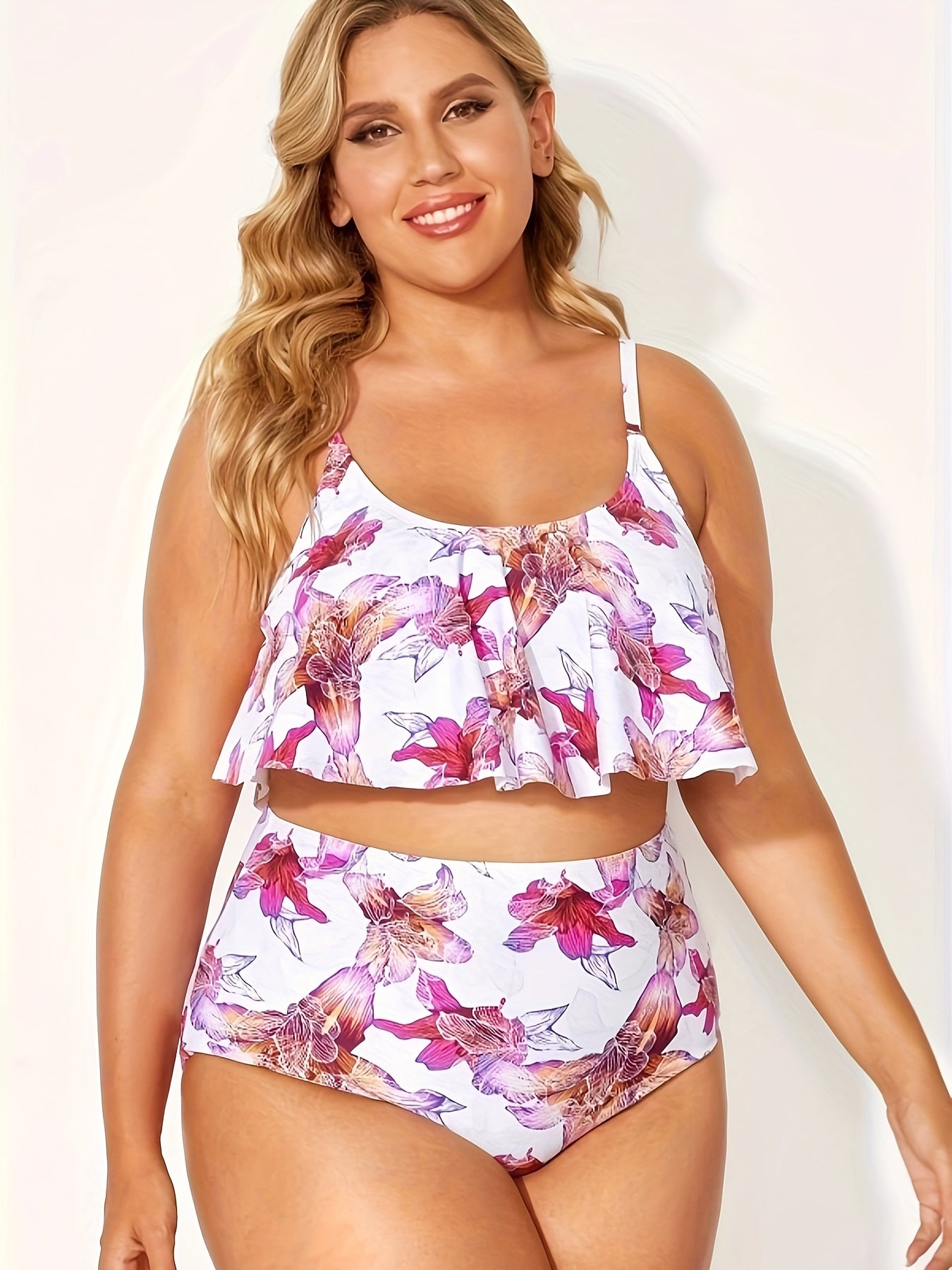 Floral Print Ruffle Trim Tankini Set Plus Size