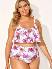 Floral Print Ruffle Trim Tankini Set Plus Size
