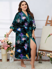 Casual Robe Women's Plus Floral Print Belted V Neck Dressing Gown